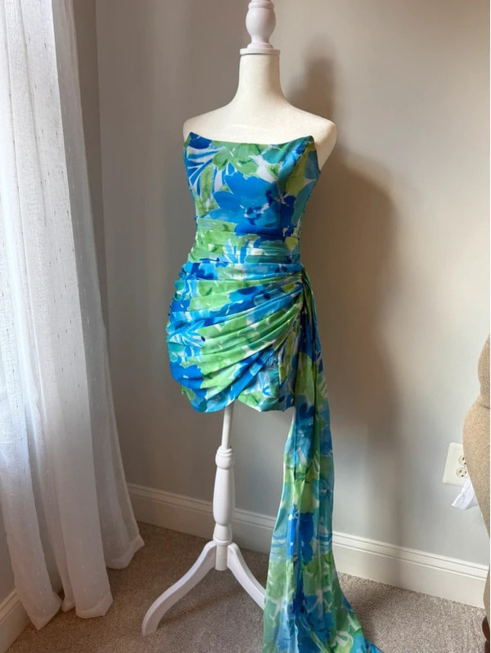 RNWY Blue Green Floral Ruched Mini Dress with Train - Size S